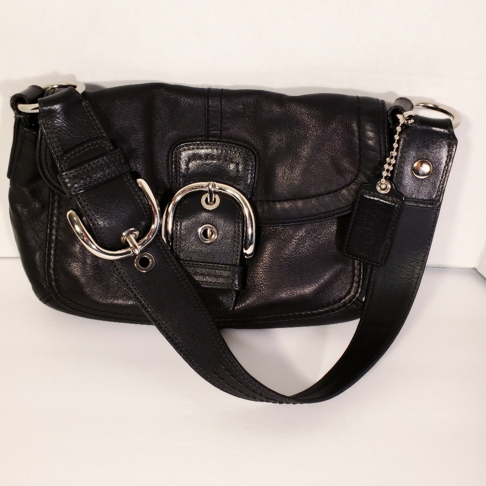 Coach Black Leather Shoulder Bag Pockets!